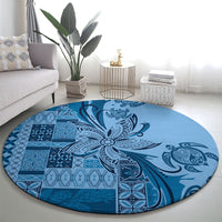 Talofa Samoa Mamanu Siapo Mix Malu Round Carpet Cool Blue Frangipani and Turtles