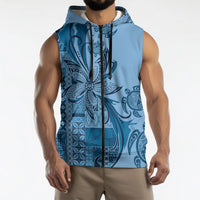 Talofa Samoa Mamanu Siapo Mix Malu Sleeveless Zip Hoodie Cool Blue Frangipani and Turtles