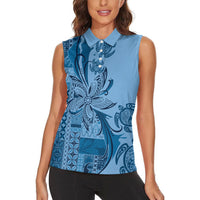 Talofa Samoa Mamanu Siapo Mix Malu Women Sleeveless Polo Shirt Cool Blue Frangipani and Turtles LT7 - Polynesian Pride