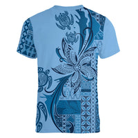 Talofa Samoa Mamanu Siapo Mix Malu Women V-Neck T-Shirt Cool Blue Frangipani and Turtles LT7 - Polynesian Pride