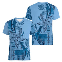 Talofa Samoa Mamanu Siapo Mix Malu Women V-Neck T-Shirt Cool Blue Frangipani and Turtles LT7 - Polynesian Pride