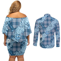 Blue Palaka Hawaii Cowboy Christmas Couples Matching Off Shoulder Short Dress and Long Sleeve Button Shirt Paniolo Mix Maile Lei LT7 - Polynesian Pride