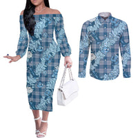 Blue Palaka Hawaii Cowboy Christmas Couples Matching Off The Shoulder Long Sleeve Dress and Long Sleeve Button Shirt Paniolo Mix Maile Lei LT7 Blue - Polynesian Pride