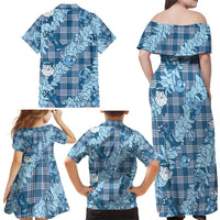 Blue Palaka Hawaii Cowboy Christmas Family Matching Off Shoulder Maxi Dress and Hawaiian Shirt Paniolo Mix Maile Lei LT7 - Polynesian Pride