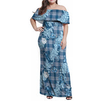 Blue Palaka Hawaii Cowboy Christmas Family Matching Off Shoulder Maxi Dress and Hawaiian Shirt Paniolo Mix Maile Lei LT7 Mom's Dress Blue - Polynesian Pride