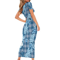 Blue Palaka Hawaii Cowboy Christmas Short Sleeve Bodycon Dress Paniolo Mix Maile Lei LT7 - Polynesian Pride