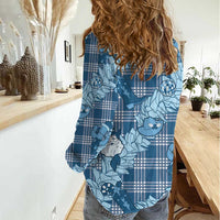 Blue Palaka Hawaii Cowboy Christmas Women Casual Shirt Paniolo Mix Maile Lei - Polynesian Pride