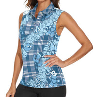 Blue Palaka Hawaii Cowboy Christmas Women Sleeveless Polo Shirt Paniolo Mix Maile Lei LT7 - Polynesian Pride