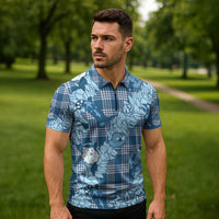 Blue Palaka Hawaii Cowboy Christmas Zipper Polo Shirt Paniolo Mix Maile Lei LT7 - Polynesian Pride