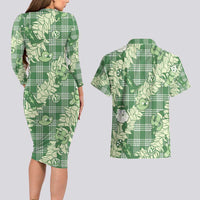 Green Palaka Hawaii Cowboy Christmas Couples Matching Long Sleeve Bodycon Dress and Hawaiian Shirt Paniolo Mix Maile Lei LT7 - Polynesian Pride
