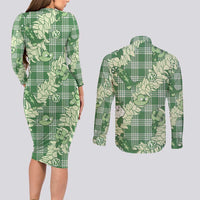 Green Palaka Hawaii Cowboy Christmas Couples Matching Long Sleeve Bodycon Dress and Long Sleeve Button Shirt Paniolo Mix Maile Lei LT7 - Polynesian Pride
