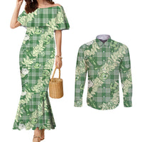 Green Palaka Hawaii Cowboy Christmas Couples Matching Mermaid Dress and Long Sleeve Button Shirt Paniolo Mix Maile Lei LT7 Green - Polynesian Pride