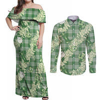 Green Palaka Hawaii Cowboy Christmas Couples Matching Off Shoulder Maxi Dress and Long Sleeve Button Shirt Paniolo Mix Maile Lei LT7 Green - Polynesian Pride