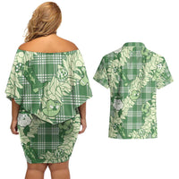 Green Palaka Hawaii Cowboy Christmas Couples Matching Off Shoulder Short Dress and Hawaiian Shirt Paniolo Mix Maile Lei LT7 - Polynesian Pride