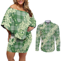 Green Palaka Hawaii Cowboy Christmas Couples Matching Off Shoulder Short Dress and Long Sleeve Button Shirt Paniolo Mix Maile Lei LT7 Green - Polynesian Pride
