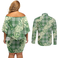 Green Palaka Hawaii Cowboy Christmas Couples Matching Off Shoulder Short Dress and Long Sleeve Button Shirt Paniolo Mix Maile Lei LT7 - Polynesian Pride