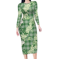 Green Palaka Hawaii Cowboy Christmas Family Matching Long Sleeve Bodycon Dress and Hawaiian Shirt Paniolo Mix Maile Lei LT7 Mom's Dress Green - Polynesian Pride