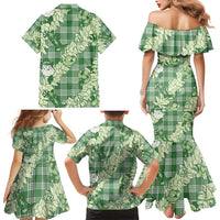 Green Palaka Hawaii Cowboy Christmas Family Matching Mermaid Dress and Hawaiian Shirt Paniolo Mix Maile Lei LT7 - Polynesian Pride