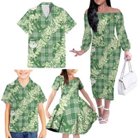 Green Palaka Hawaii Cowboy Christmas Family Matching Off The Shoulder Long Sleeve Dress and Hawaiian Shirt Paniolo Mix Maile Lei LT7 - Polynesian Pride