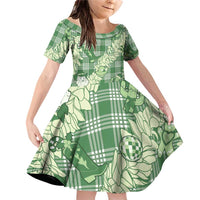 Green Palaka Hawaii Cowboy Christmas Family Matching Off Shoulder Short Dress and Hawaiian Shirt Paniolo Mix Maile Lei LT7 Daughter's Dress Green - Polynesian Pride