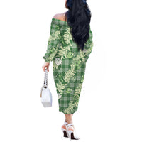 Green Palaka Hawaii Cowboy Christmas Off The Shoulder Long Sleeve Dress Paniolo Mix Maile Lei LT7 - Polynesian Pride