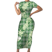 Green Palaka Hawaii Cowboy Christmas Short Sleeve Bodycon Dress Paniolo Mix Maile Lei LT7 Long Dress Green - Polynesian Pride