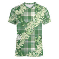 Green Palaka Hawaii Cowboy Christmas Women V-Neck T-Shirt Paniolo Mix Maile Lei LT7 Female Green - Polynesian Pride