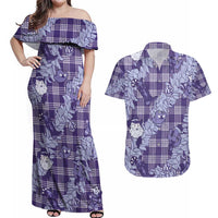 Purple Palaka Hawaii Cowboy Christmas Couples Matching Off Shoulder Maxi Dress and Hawaiian Shirt Paniolo Mix Maile Lei LT7 Purple - Polynesian Pride