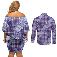 Purple Palaka Hawaii Cowboy Christmas Couples Matching Off Shoulder Short Dress and Long Sleeve Button Shirt Paniolo Mix Maile Lei LT7 - Polynesian Pride