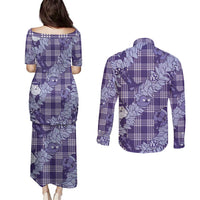 Purple Palaka Hawaii Cowboy Christmas Couples Matching Puletasi and Long Sleeve Button Shirt Paniolo Mix Maile Lei LT7 - Polynesian Pride
