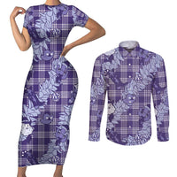 Purple Palaka Hawaii Cowboy Christmas Couples Matching Short Sleeve Bodycon Dress and Long Sleeve Button Shirt Paniolo Mix Maile Lei LT7 Purple - Polynesian Pride