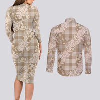 Khaki Palaka Hawaii Cowboy Christmas Couples Matching Long Sleeve Bodycon Dress and Long Sleeve Button Shirt Paniolo Mix Maile Lei LT7 - Polynesian Pride