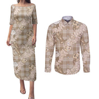 Khaki Palaka Hawaii Cowboy Christmas Couples Matching Puletasi and Long Sleeve Button Shirt Paniolo Mix Maile Lei LT7 Beige - Polynesian Pride