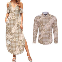 Khaki Palaka Hawaii Cowboy Christmas Couples Matching Summer Maxi Dress and Long Sleeve Button Shirt Paniolo Mix Maile Lei LT7 Beige - Polynesian Pride