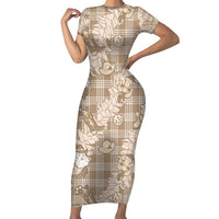 Khaki Palaka Hawaii Cowboy Christmas Family Matching Short Sleeve Bodycon Dress and Hawaiian Shirt Paniolo Mix Maile Lei LT7 Mom's Dress Beige - Polynesian Pride
