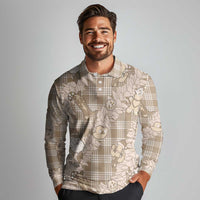 Khaki Palaka Hawaii Cowboy Christmas Long Sleeve Polo Shirt Paniolo Mix Maile Lei LT7 - Polynesian Pride