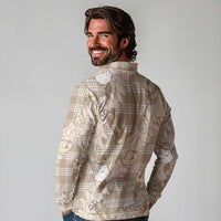 Khaki Palaka Hawaii Cowboy Christmas Long Sleeve Polo Shirt Paniolo Mix Maile Lei LT7 - Polynesian Pride