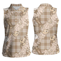Khaki Palaka Hawaii Cowboy Christmas Women Sleeveless Polo Shirt Paniolo Mix Maile Lei LT7 - Polynesian Pride