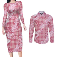 Pink Palaka Hawaii Cowboy Christmas Couples Matching Long Sleeve Bodycon Dress and Long Sleeve Button Shirt Paniolo Mix Maile Lei LT7 Pink - Polynesian Pride
