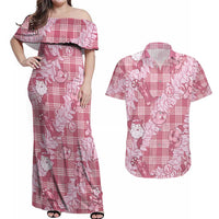 Pink Palaka Hawaii Cowboy Christmas Couples Matching Off Shoulder Maxi Dress and Hawaiian Shirt Paniolo Mix Maile Lei LT7 Pink - Polynesian Pride