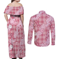 Pink Palaka Hawaii Cowboy Christmas Couples Matching Off Shoulder Maxi Dress and Long Sleeve Button Shirt Paniolo Mix Maile Lei LT7 - Polynesian Pride