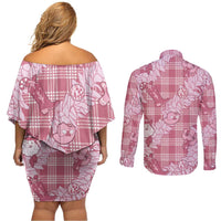 Pink Palaka Hawaii Cowboy Christmas Couples Matching Off Shoulder Short Dress and Long Sleeve Button Shirt Paniolo Mix Maile Lei LT7 - Polynesian Pride
