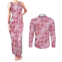 Pink Palaka Hawaii Cowboy Christmas Couples Matching Tank Maxi Dress and Long Sleeve Button Shirt Paniolo Mix Maile Lei LT7 Pink - Polynesian Pride