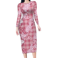Pink Palaka Hawaii Cowboy Christmas Long Sleeve Bodycon Dress Paniolo Mix Maile Lei LT7 Long Dress Pink - Polynesian Pride