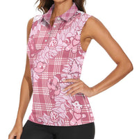Pink Palaka Hawaii Cowboy Christmas Women Sleeveless Polo Shirt Paniolo Mix Maile Lei LT7 - Polynesian Pride