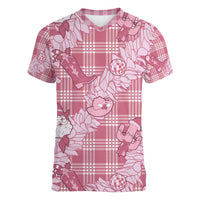 Pink Palaka Hawaii Cowboy Christmas Women V-Neck T-Shirt Paniolo Mix Maile Lei LT7 Female Pink - Polynesian Pride