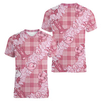 Pink Palaka Hawaii Cowboy Christmas Women V-Neck T-Shirt Paniolo Mix Maile Lei LT7 - Polynesian Pride