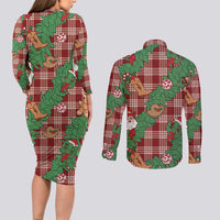 Red Palaka Hawaii Cowboy Christmas Couples Matching Long Sleeve Bodycon Dress and Long Sleeve Button Shirt Paniolo Mix Maile Lei LT7 - Polynesian Pride