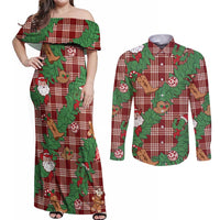 Red Palaka Hawaii Cowboy Christmas Couples Matching Off Shoulder Maxi Dress and Long Sleeve Button Shirt Paniolo Mix Maile Lei LT7 Red - Polynesian Pride