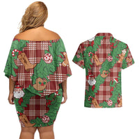 Red Palaka Hawaii Cowboy Christmas Couples Matching Off Shoulder Short Dress and Hawaiian Shirt Paniolo Mix Maile Lei LT7 - Polynesian Pride